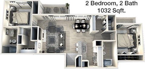 Floor plan for 2 beds, 2 baths, 1032 sqft